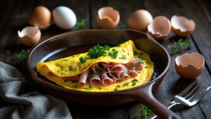 Delicious ham and egg omelette served with fresh bread and herbs