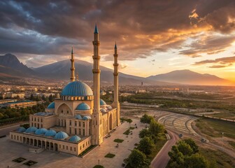Obraz premium Magnificent Mosque at Sunset – Aerial View of Blue Domed Islamic Architecture