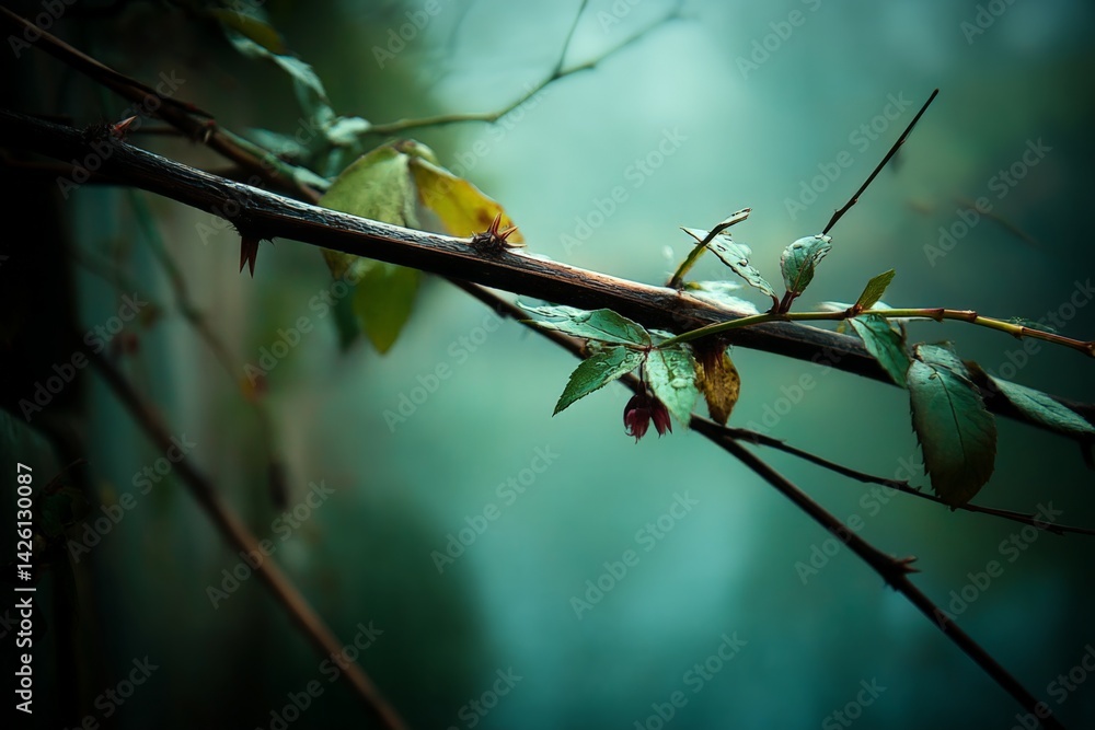 Poster Nature embraces a delicate branch adorned with leaves under soft misty light in a serene forest setting