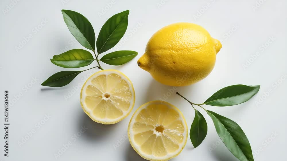 Poster Isolated lemon fruit with leaf. Half lemon and slice with leaves on a background. Lemon slices with zest separated.