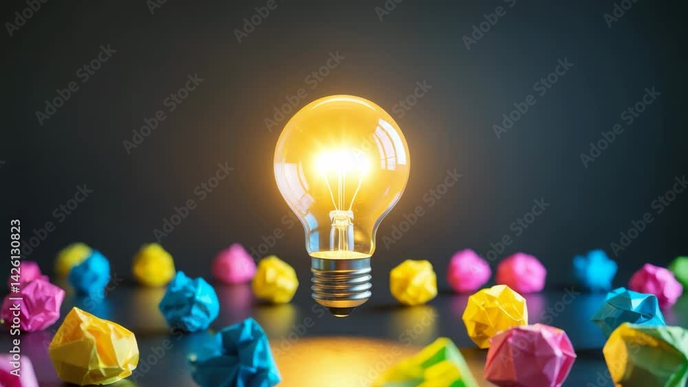 Poster illuminated bulb and wrinkled vibrant paper balls on a dark background. concept development and brai