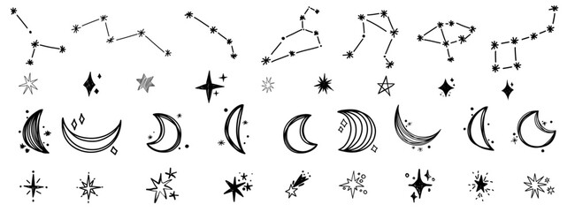 Star celestial constellation space hand drawn doodle sketch set in line simple style. Moon vector magic sparkle twinkle glitter elements  © Alina Nikitaeva