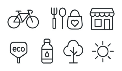 Sustainable lifestyle line icons set: eco-friendly, minimalist, black linear design