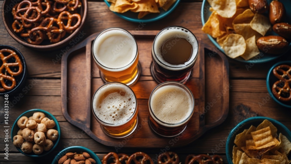 Poster assorted beers and snacks displayed on a wooden table in a flat lay style