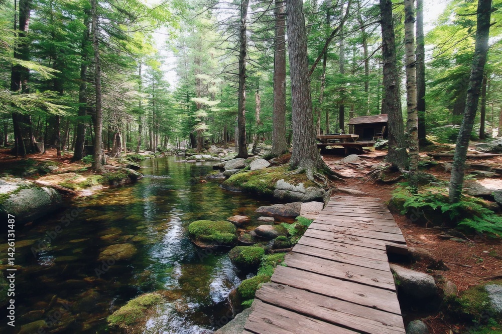 Poster tranquil stream flows through a lush forest with a wooden bridge and cabin during the day