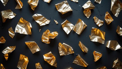 Luxurious gold wealth holiday backdrop with gold foil flakes and patal, aerial view of finished project