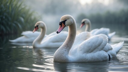Fototapeta premium Swans are gliding across the river's surface