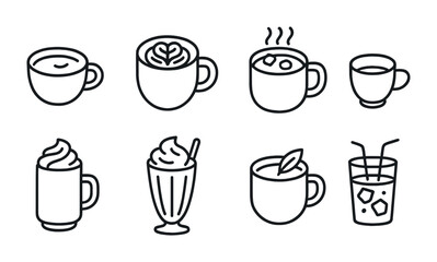 Obraz premium Coffee icons set: flat outline style featuring cappuccino, latte, espresso, and more beverage icons