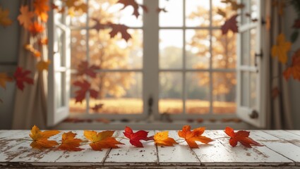 White wooden retro table in home interior with scattered brown leaves and blurred window landscape background, offering space for decoration