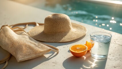 Summer water vacation with mesh bag, beach hat, and a cup containing water and orange slices