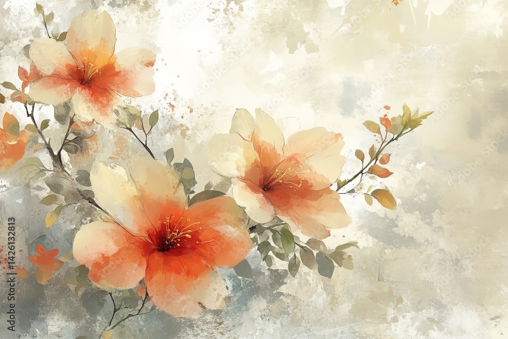 Poster beautiful floral composition with orange and cream flowers on a soft textured background in a serene