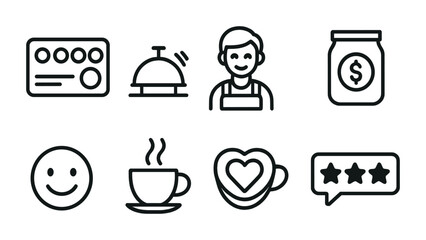Hospitality icon set: concierge, smile, coffee, heart, rating | linear style