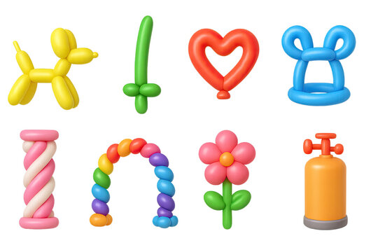 Balloon twisting 3d icon set &ndash; colorful inflatable and party decoration symbols: balloon dog, sword, heart, bunny hat, candy cane, rainbow, flower, helium tank