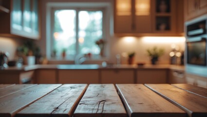 Fototapeta premium Empty wooden table top with blurred kitchen background, mock-up template for home design display, advertising banner for products, panoramic view of the interior