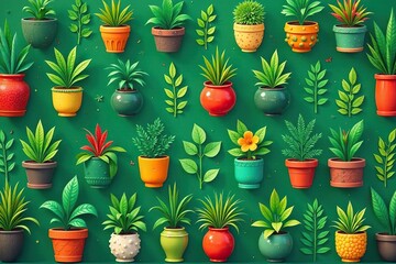Repetitive motif of stylized potted plants and botanical elements in a vibrant, green-toned scheme , summer, seamless