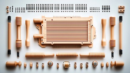 Organized beige hardware pieces laid flat on a white surface. Component parts aligned symmetrically