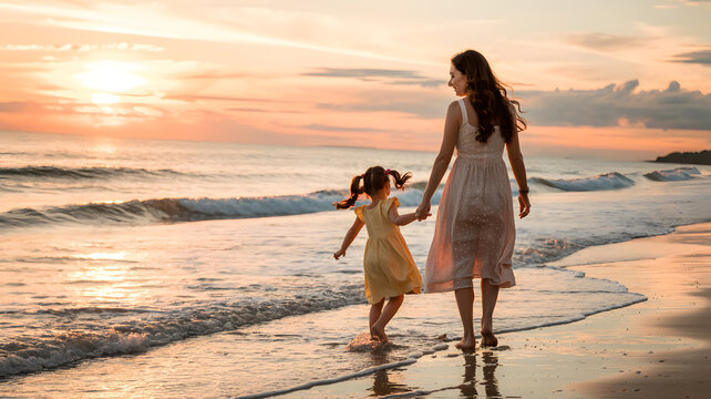 mother and daughter walking together on beach at sunset silhouette with mother’s day theme