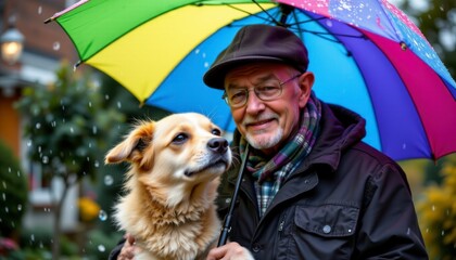 A heartwarming scene unfolds as an elderly man stands, holding his loyal canine companion under a vibrant, multicolored umbrella The umbrella's playful hues contrast with the overcast sky, creating a