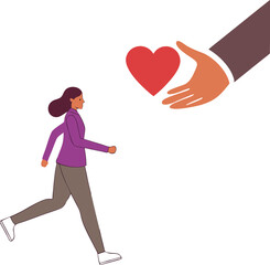 Woman running, purple jacket, grey pants, white shoes, large hand reaching out, red heart, vector illustration