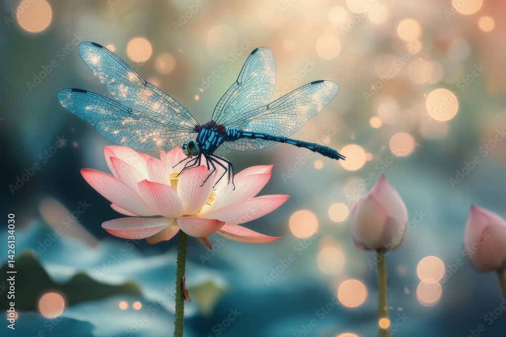 Poster dragonfly resting on a lotus flower amid soft bokeh lights at dawn in a serene garden setting