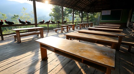 Fototapeta premium Serene Classroom Setting with Wooden Tables and Roosters in Sunset Light in Rural Landscape