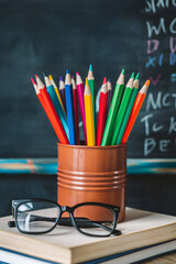Cup of green pencils in front of chalkboard in classroom. Study and learning supplies concept.  
