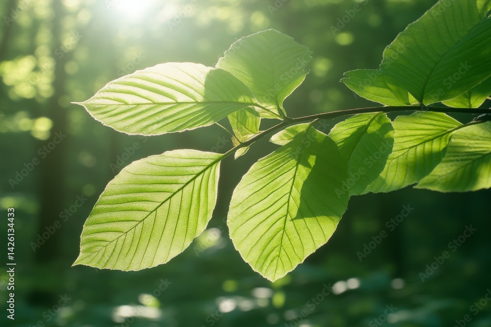 Poster soft sunlight filters through lush green leaves on a branch in a tranquil forest during early mornin