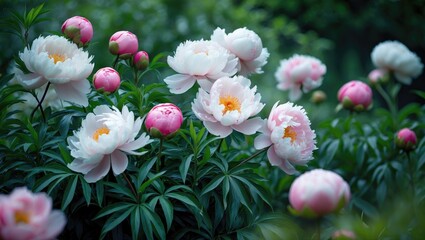 Terry hemispherical Paeonia in regional garden setting