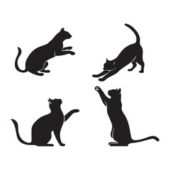 Set of cat silhouette icons, different poses, black vector shapes on white background, simple line art style