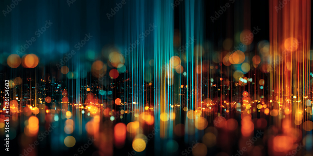 Poster Abstract image of blurred city lights and vertical light streaks, creating a dynamic and vibrant nocturnal scene, suggesting energy, technology, and modern city life