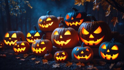 Spooky Halloween night scene featuring a collection of glowing Jack o Lanterns