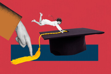 Creative composite sketch design artwork collage of big hand finger poiint graduation head student...