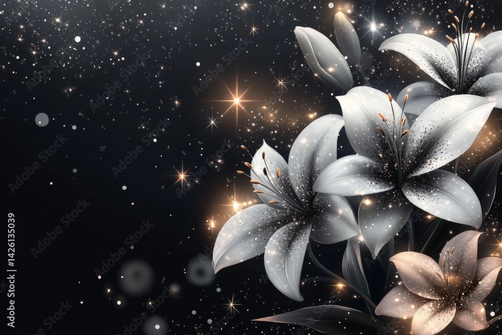 Poster elegant white lilies with sparkling stars create a serene night atmosphere in a dark background