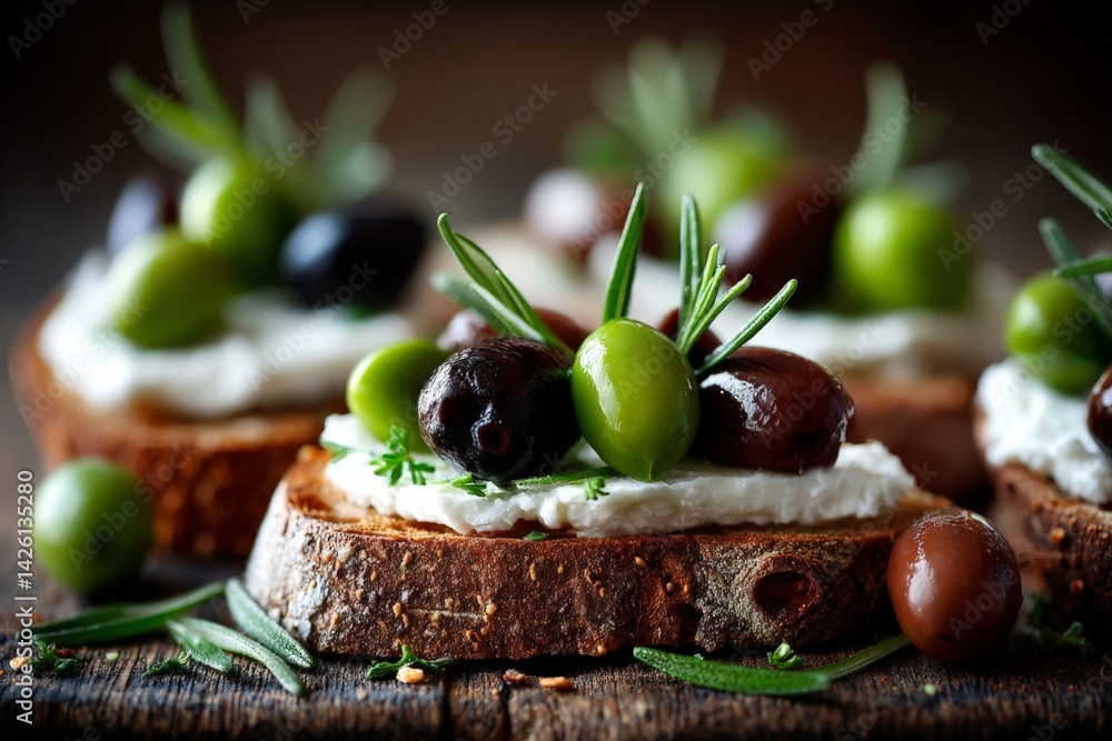Aufkleber delicious appetizer featuring creamy cheese and fresh olives on toasted bread with herbs in a rustic