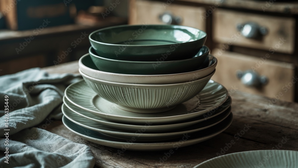 Poster rustic table setting with gray stoneware plates and bowls