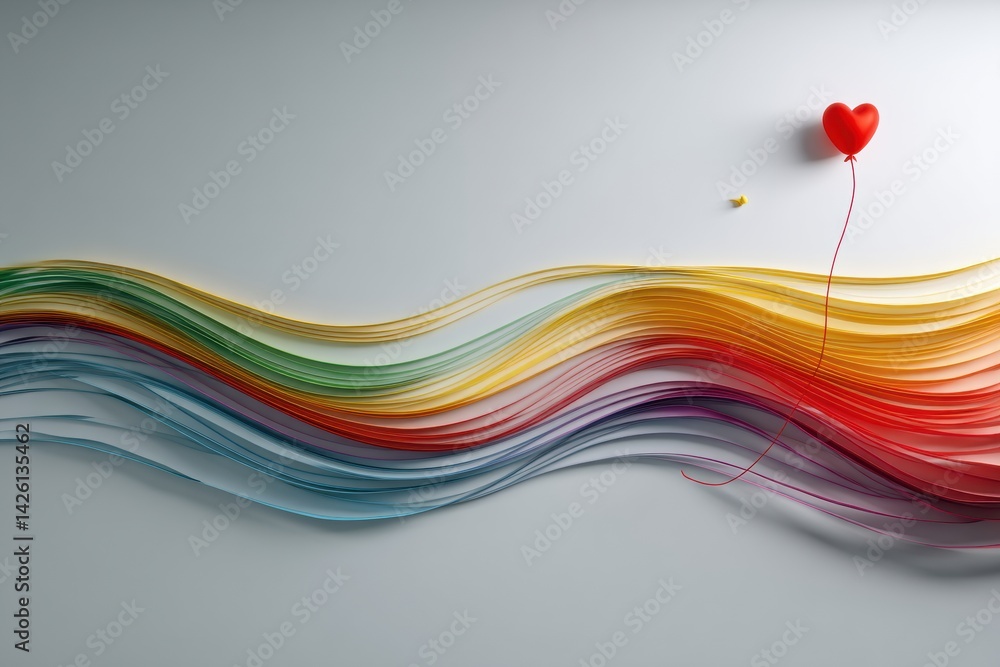 Poster heart balloon rises joyfully through a vibrant rainbow trail, spreading lightness and positivity in 