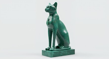 Teal Marble Egyptian Cat Statue on Pedestal Isolated on White Background Featuring Ancient Feline Sculpture Art Object with Ornate Pendant and Studio Lighting Perfect for Educational or Decorative