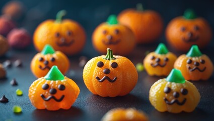 Cute pumpkin fruit with chocolate eyes for Halloween, healthy dessert snack with funny faces for party decoration, centered focus with blurred surroundings