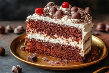 Indulgent chocolate cake slice with cherries and chocolate toppings served on a golden plate