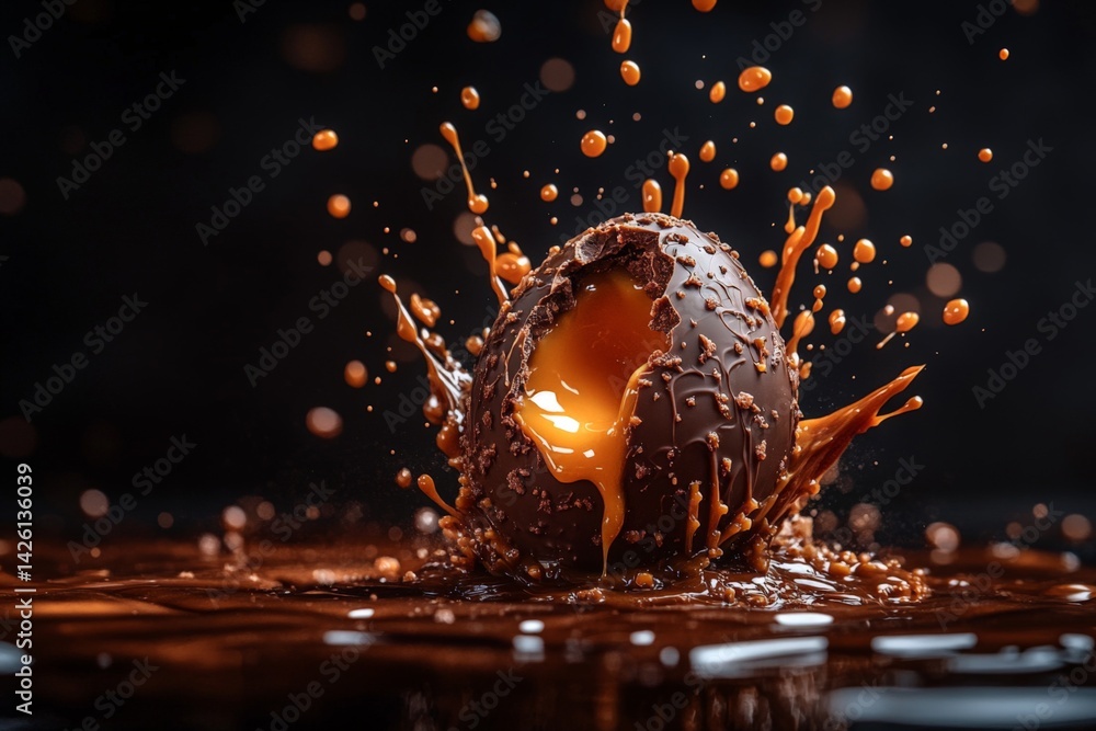 Aufkleber chocolate egg bursting with creamy filling in dynamic splash at a dark setting