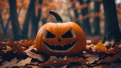Creepy Halloween pumpkin face carved on gourd among colorful leaves in forest background