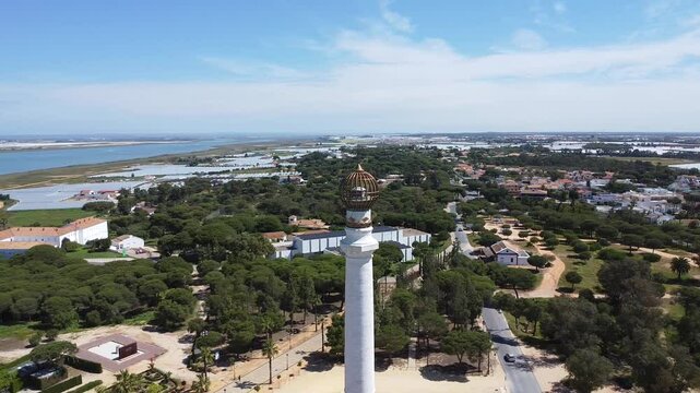 Aerial drone view of the Monument to the Discoverers, also known as Columna del IV Centenario, in La Rabida, Palos de la Frontera, dedicated to the discoverers of America