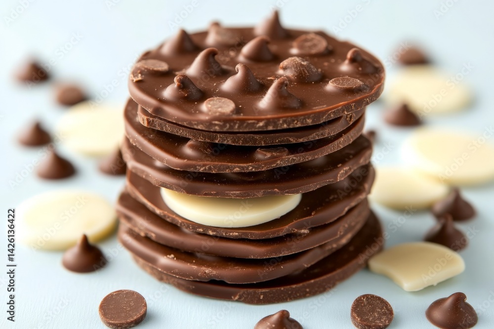 Poster stacked layers of chocolate disks with white chocolate accents on a light blue background