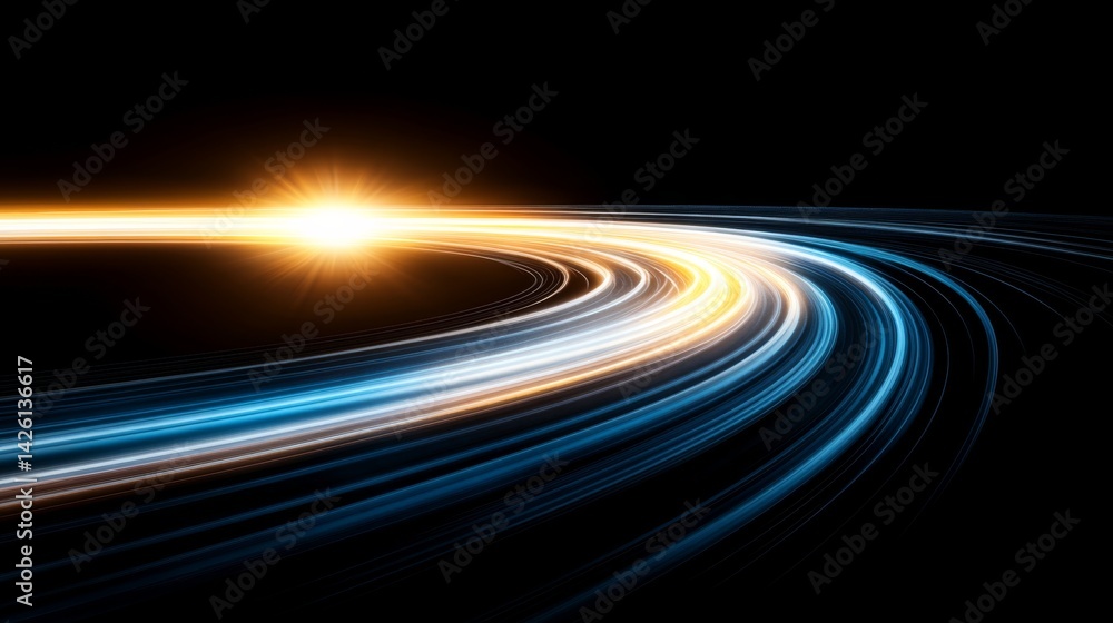 Poster dynamic abstract design features glowing blue streaks radiating outward, enhancing a futuristic vibe