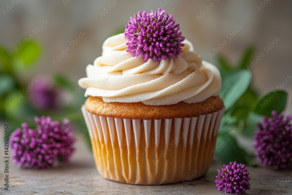 Poster beautiful cupcake topped with frosting and flower decoration on a rustic table surrounded by fresh b