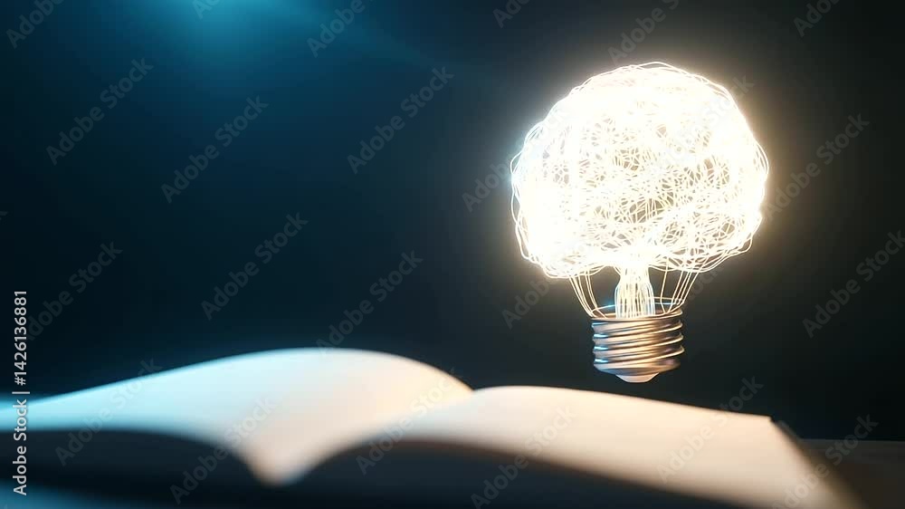 Poster a mind-shaped neural network inside a glowing bulb hovers over an open notepad. a visual representat