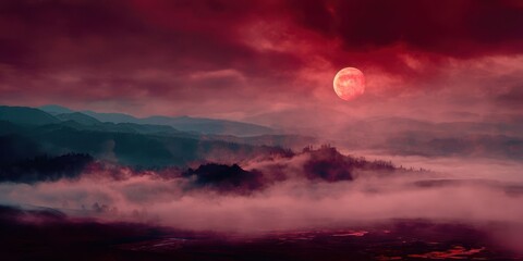 Fototapeta premium A red moon is in the sky above a mountain range