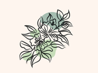 Elegant Line Art Floral Bouquet with Abstract Green Shapes