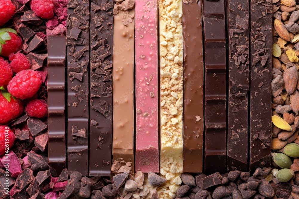 Poster delicious array of chocolate bars and fresh berries arranged on a wooden surface for a tasty dessert
