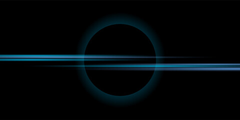 Black wide abstract horizontal technology banner with blue neon diagonal lines. Vector illustration dark elegant background.